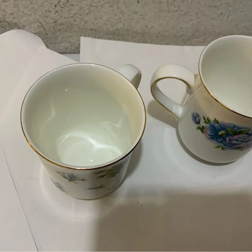 Royal Canterbury Blue Roses Green Leaves Gold Tone Trim 2 Coffee Mug / TeaCups